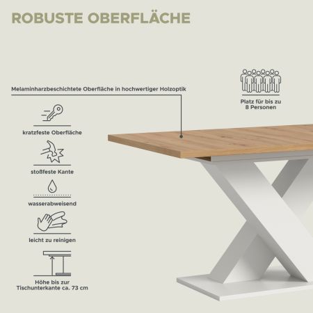 Esstisch Home-X in Artisan Eiche und wei� Tisch ausziehbar 150 - 190 cm