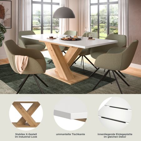 Esstisch Home-X in wei� und Artisan Eiche Tisch ausziehbar 150 - 190 cm