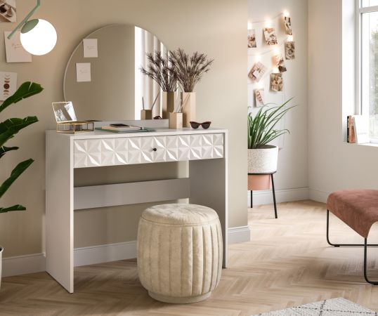 Schminktisch Relief in wei� Hochglanz mit 3-D Struktur Kosmetiktisch mit Spiegel 90 cm