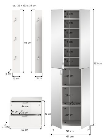 Garderobe Set 4-teilig SystemX in wei� Hochglanz Garderobenkombination 128 cm