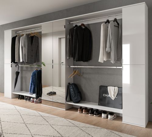 Garderobenschrank mit Spiegelt�r SystemX in wei� Hochglanz Schuhschrank 341 x 193 cm