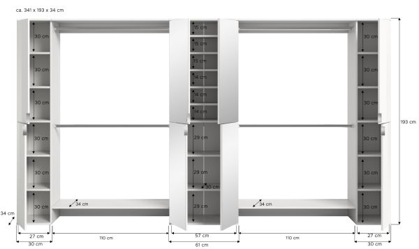 Garderobenschrank mit Spiegelt�r SystemX in wei� Hochglanz Schuhschrank 341 x 193 cm