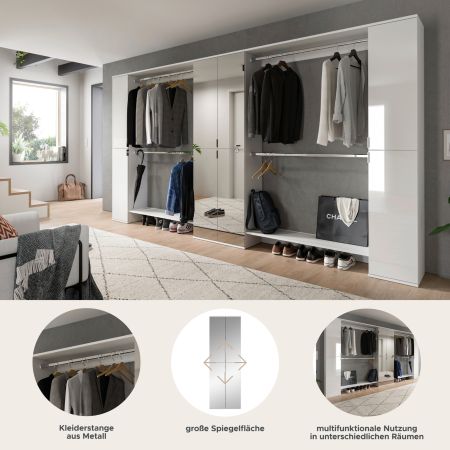 Garderobenschrank mit Spiegelt�r SystemX in wei� Hochglanz Schuhschrank 341 x 193 cm