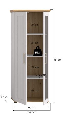 Vitrine Mirano in wei� L�rche und Eiche Artisan Landhaus Vitrinenschrank 64 x 161 cm