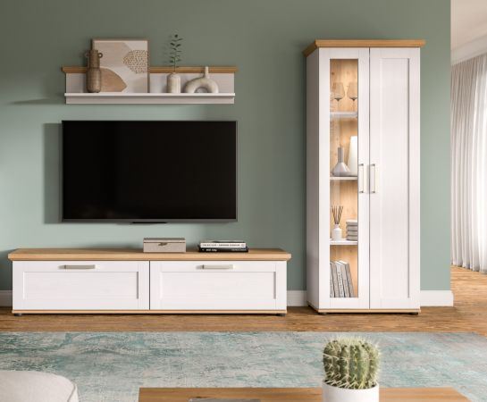 Vitrine Mirano in wei� L�rche und Eiche Artisan Landhaus Vitrinenschrank 64 x 161 cm