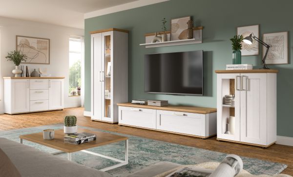 Vitrine Mirano in wei� L�rche und Eiche Artisan Landhaus Vitrinenschrank 64 x 161 cm