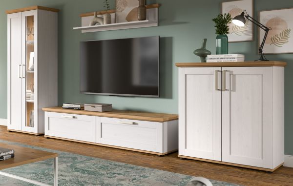 Wohnwand Mirano in wei� L�rche und Eiche Artisan Landhaus Wohnkombination 4-teilig 336 cm