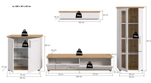 Wohnwand Mirano in wei� L�rche und Eiche Artisan Landhaus Wohnkombination 4-teilig 336 cm