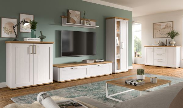 Wohnwand Mirano in wei� L�rche und Eiche Artisan Landhaus Wohnkombination 4-teilig 336 cm