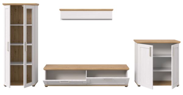 Wohnwand Mirano in wei� L�rche und Eiche Artisan Landhaus Wohnkombination 4-teilig 336 cm