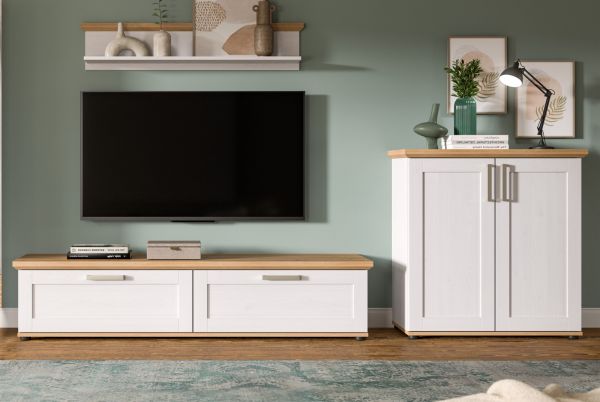 Wohnwand Mirano in wei� L�rche und Eiche Artisan Landhaus Wohnkombination 3-teilig 260 cm