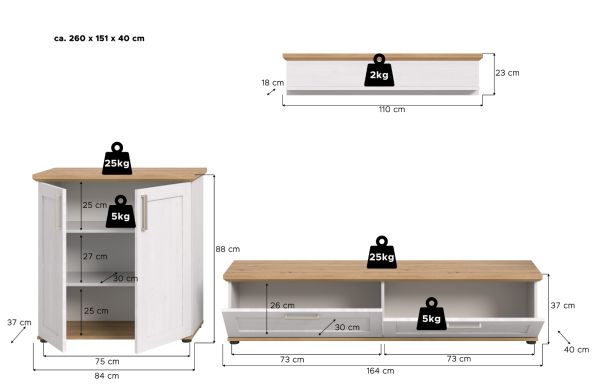 Wohnwand Mirano in wei� L�rche und Eiche Artisan Landhaus Wohnkombination 3-teilig 260 cm