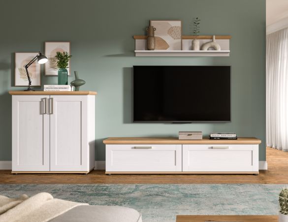 Wohnwand Mirano in wei� L�rche und Eiche Artisan Landhaus Wohnkombination 3-teilig 260 cm
