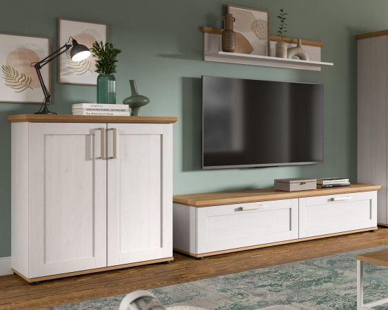 Wohnwand Mirano in wei� L�rche und Eiche Artisan Landhaus Wohnkombination 3-teilig 260 cm
