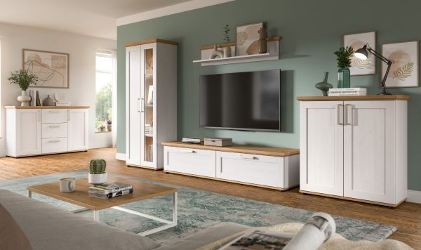Wohnwand Mirano in wei� L�rche und Eiche Artisan Landhaus Wohnkombination 3-teilig 240 cm