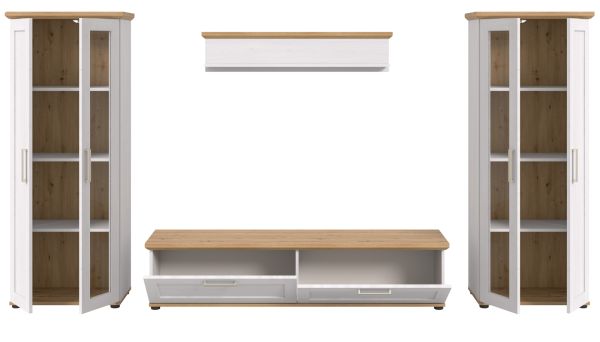 Wohnwand Mirano in wei� L�rche und Eiche Artisan Landhaus Wohnkombination 4-teilig 316 cm