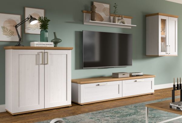 Wohnwand Mirano in wei� L�rche und Eiche Artisan Landhaus Wohnkombination 4-teilig 336 cm