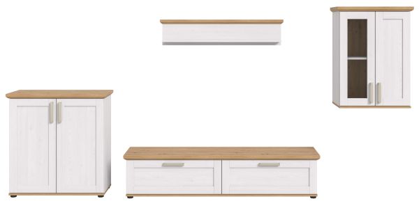 Wohnwand Mirano in wei� L�rche und Eiche Artisan Landhaus Wohnkombination 4-teilig 336 cm