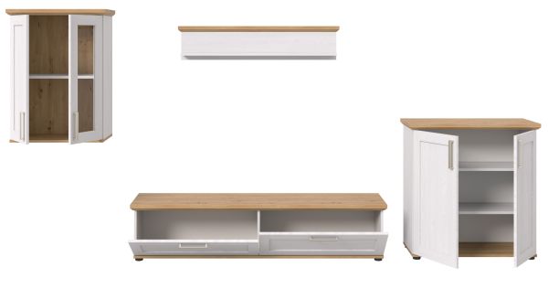 Wohnwand Mirano in wei� L�rche und Eiche Artisan Landhaus Wohnkombination 4-teilig 336 cm