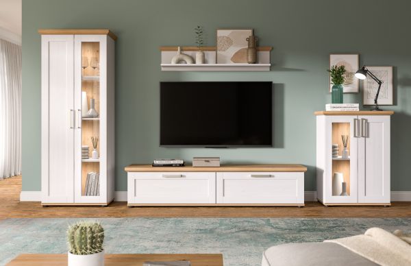 Wohnwand Mirano in wei� L�rche und Eiche Artisan Landhaus Wohnkombination 4-teilig 316 cm