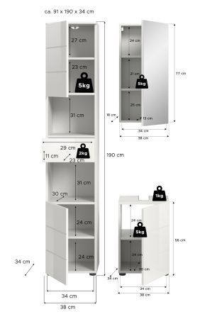 Badm�bel Set 3-teilig Larik in wei� Hochglanz Badkombination 91 x 190 cm