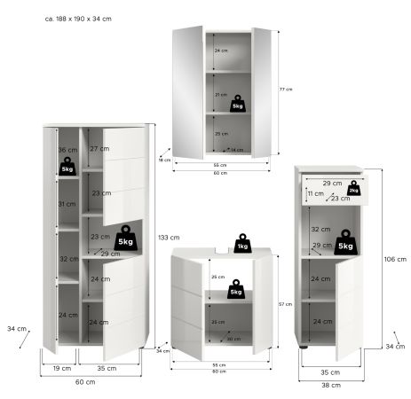 Badm�bel Set 4-teilig Larik in wei� Hochglanz Badkombination 188 x 190 cm
