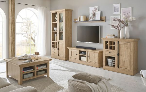 Wohnwand Dorset in Eiche Gold Landhaus Wohnkombination 4-teilig 382 cm, Soft-Close