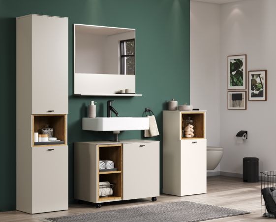 Badezimmer Hochschrank Jardins in Sand / Kaschmir und Eiche, Badschrank 40 x 186 cm mit Soft-Close