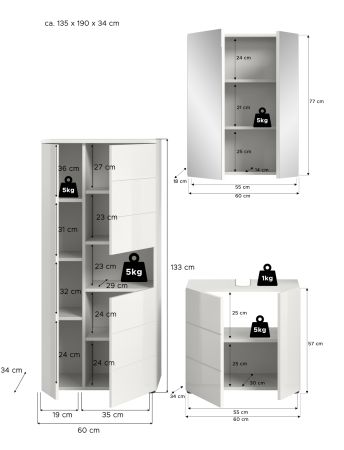 Badm�bel Set 3-teilig Larik in wei� Hochglanz Badkombination 135 x 190 cm