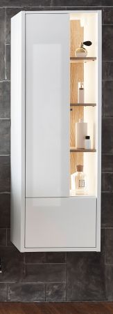 Bad Hochschrank Glide in wei� Hochglanz mit Eiche, H�ngeschrank inkl. Beleuchtung 45 x 150 cm