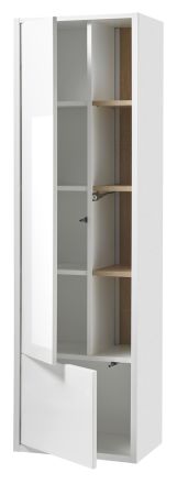 Bad Hochschrank Glide in wei� Hochglanz mit Eiche, H�ngeschrank inkl. Beleuchtung 45 x 150 cm