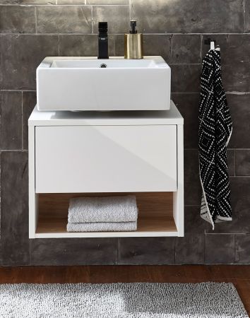 Waschbeckenunterschrank Glide in wei� Hochglanz und Eiche 60 cm