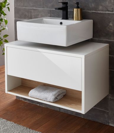 Waschbeckenunterschrank Glide in wei� Hochglanz und Eiche 80 cm