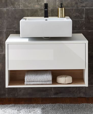 Waschbeckenunterschrank Glide in wei� Hochglanz und Eiche 80 cm