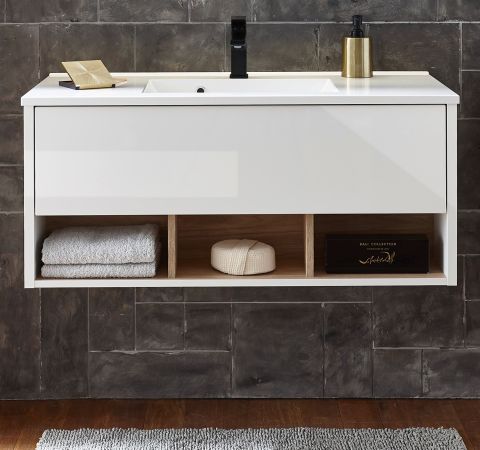 Waschbeckenunterschrank MIT Waschbecken Glide in wei� Hochglanz und Eiche 100 cm