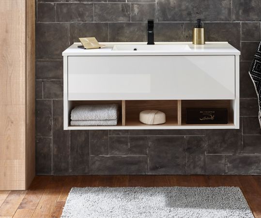 Waschbeckenunterschrank MIT Waschbecken Glide in wei� Hochglanz und Eiche 100 cm