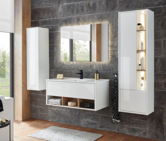 Waschbeckenunterschrank MIT Waschbecken Glide in wei� Hochglanz und Eiche 100 cm