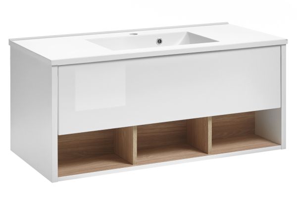 Waschbeckenunterschrank MIT Waschbecken Glide in wei� Hochglanz und Eiche 100 cm