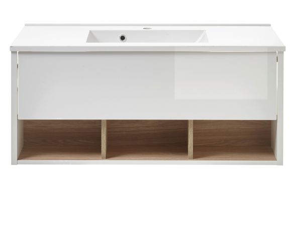 Waschbeckenunterschrank MIT Waschbecken Glide in wei� Hochglanz und Eiche 100 cm