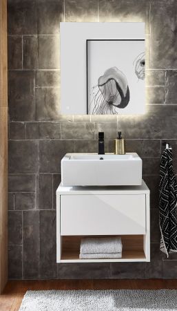 Badm�bel Set 3-teilig Glide in wei� Hochglanz und Eiche mit LED Beleuchtung 100 x 190 cm