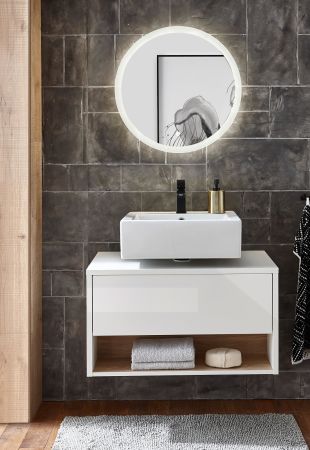 Badm�bel Set 2-teilig Glide in wei� Hochglanz und Eiche mit LED Beleuchtung 80 x 190 cm
