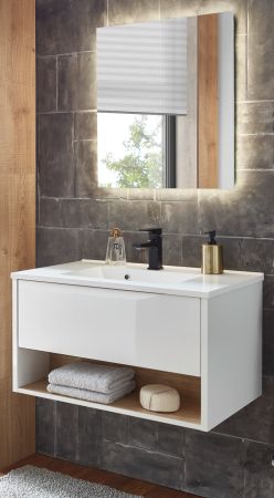 Badm�bel Set Glide in wei� Hochglanz und Eiche mit Waschbecken und LED Beleuchtung 80 x 190 cm