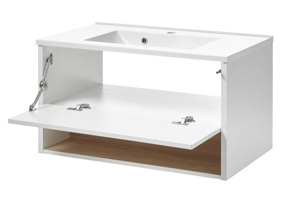 Badm�bel Set Glide in wei� Hochglanz und Eiche mit Waschbecken und LED Beleuchtung 80 x 190 cm