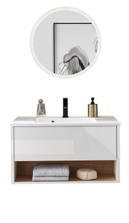 Badm�bel Set Glide in wei� Hochglanz und Eiche mit Waschbecken und LED Beleuchtung 80 x 190 cm