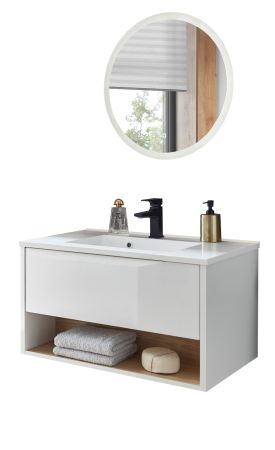 Badm�bel Set Glide in wei� Hochglanz und Eiche mit Waschbecken und LED Beleuchtung 80 x 190 cm