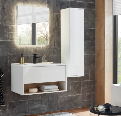 Badm�bel Set Glide in wei� Hochglanz und Eiche mit Waschbecken und LED Beleuchtung 120 x 190 cm