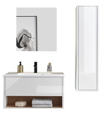 Badm�bel Set Glide in wei� Hochglanz und Eiche mit Waschbecken und LED Beleuchtung 120 x 190 cm
