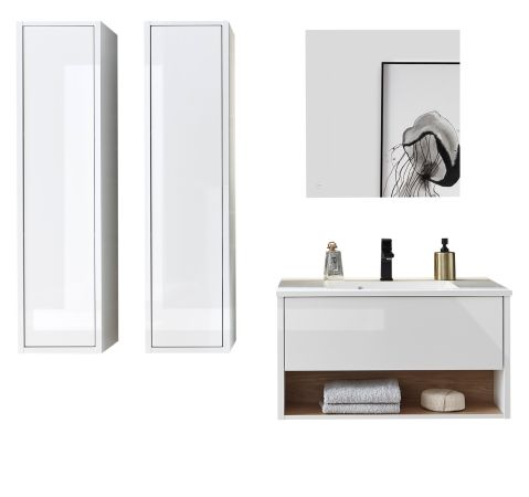 Badm�bel Set Glide in wei� Hochglanz und Eiche mit Waschbecken und LED Beleuchtung 160 x 190 cm