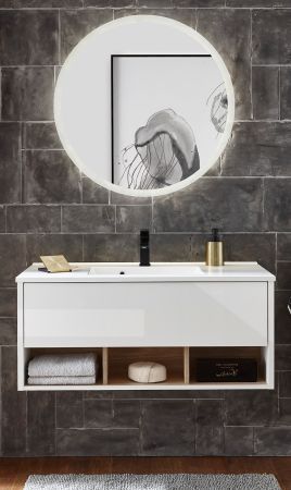 Badm�bel Set Glide in wei� Hochglanz und Eiche mit Waschbecken und LED Beleuchtung 100 x 190 cm