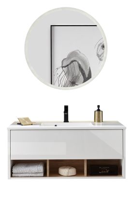 Badm�bel Set Glide in wei� Hochglanz und Eiche mit Waschbecken und LED Beleuchtung 100 x 190 cm